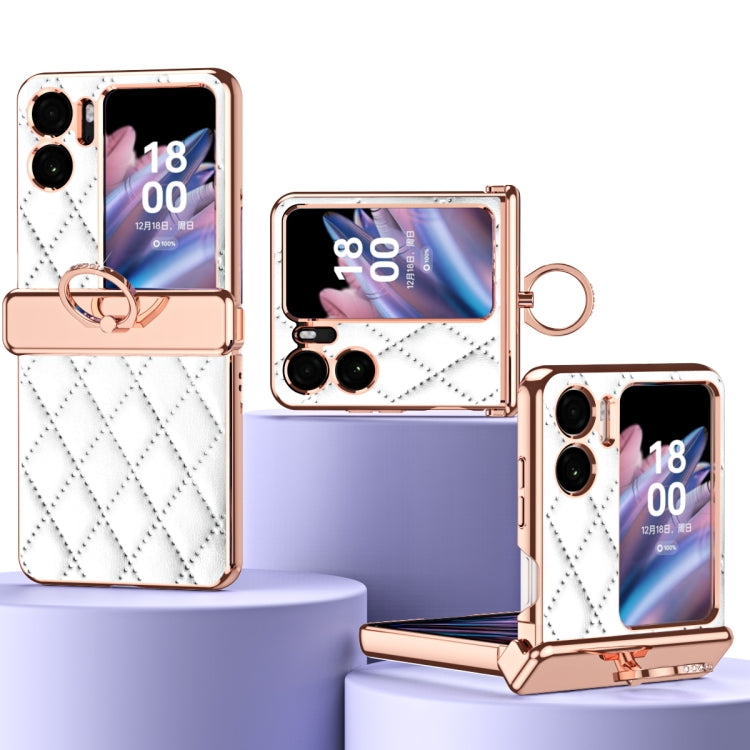 For OPPO Find N2 Flip Rhombus Pattern Electroplated Plain Leather Magnetic Phone Case with Ring(White)