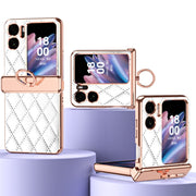 For OPPO Find N2 Flip Rhombus Pattern Electroplated Plain Leather Magnetic Phone Case with Ring(White)