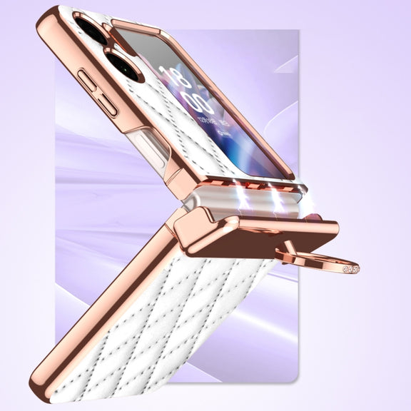 For OPPO Find N2 Flip Rhombus Pattern Electroplated Plain Leather Magnetic Phone Case with Ring(Purple)
