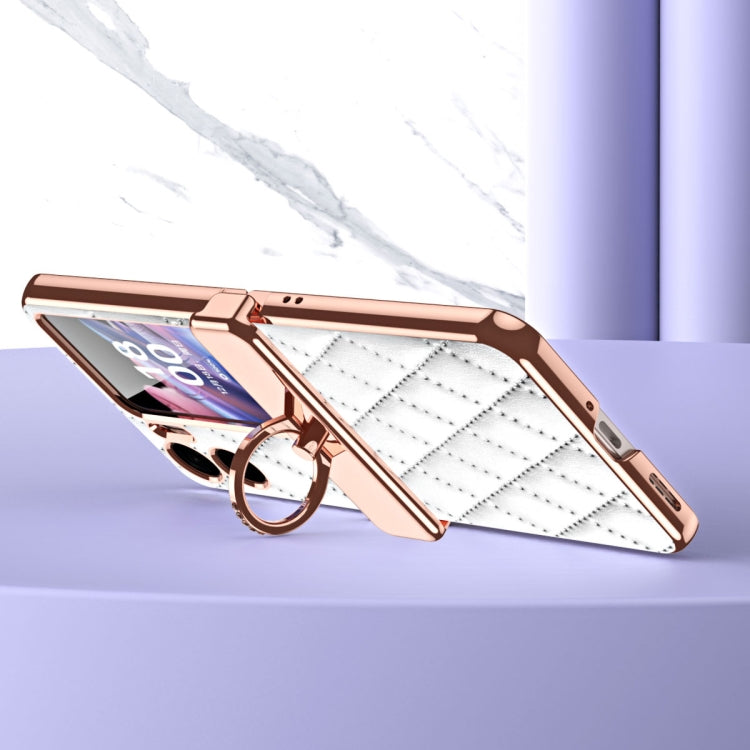For OPPO Find N2 Flip Rhombus Pattern Electroplated Plain Leather Magnetic Phone Case with Ring(Purple)