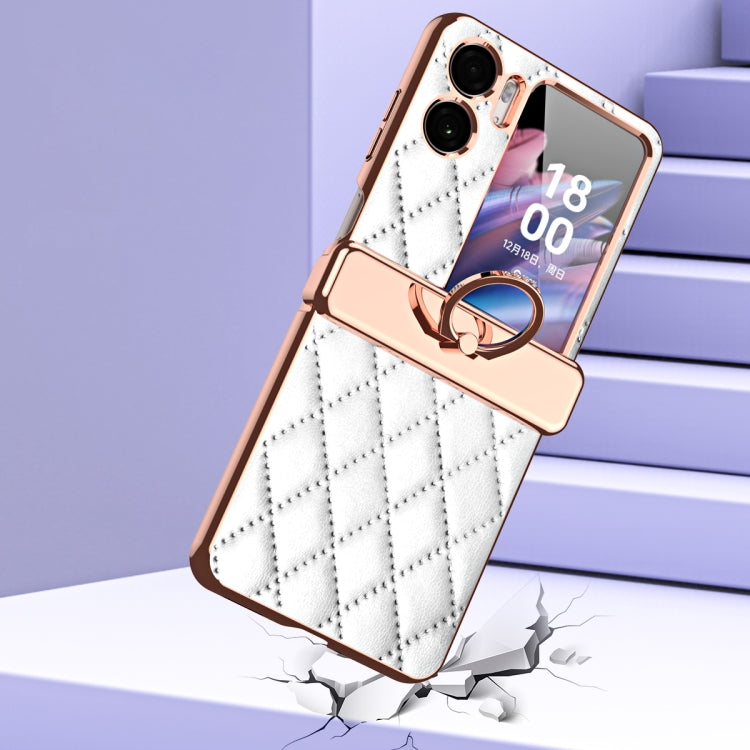 For OPPO Find N2 Flip Rhombus Pattern Electroplated Plain Leather Magnetic Phone Case with Ring(Purple)