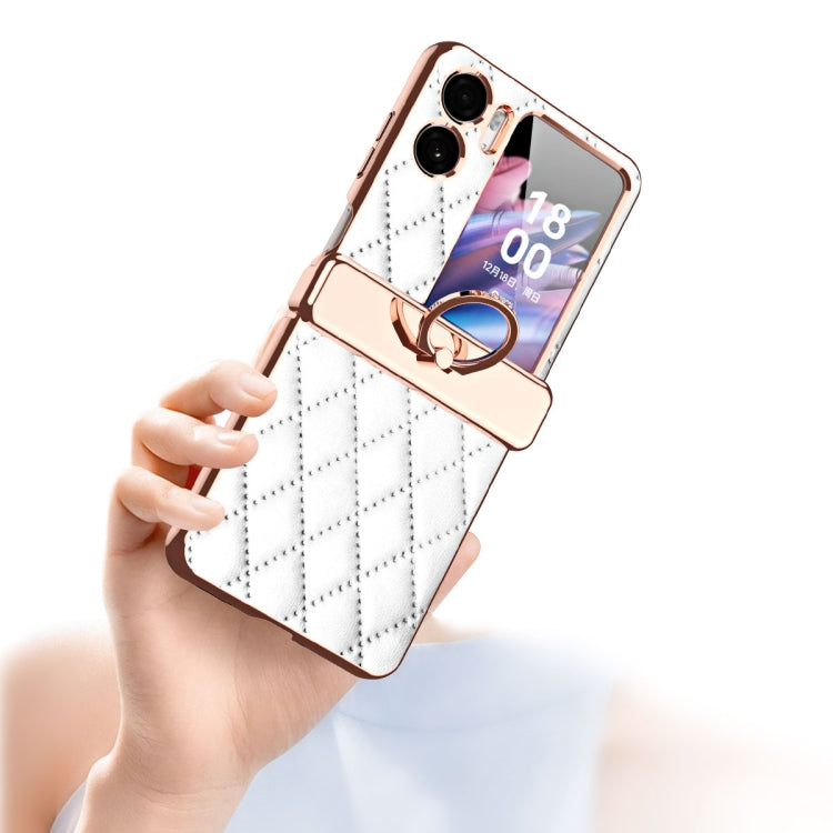 For OPPO Find N2 Flip Rhombus Pattern Electroplated Plain Leather Magnetic Phone Case with Ring(Purple)