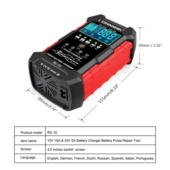 KONNWEI RC-10 2 inch Car Battery Charger Battery Pulse Repair Tool, Plug Type:EU Plug