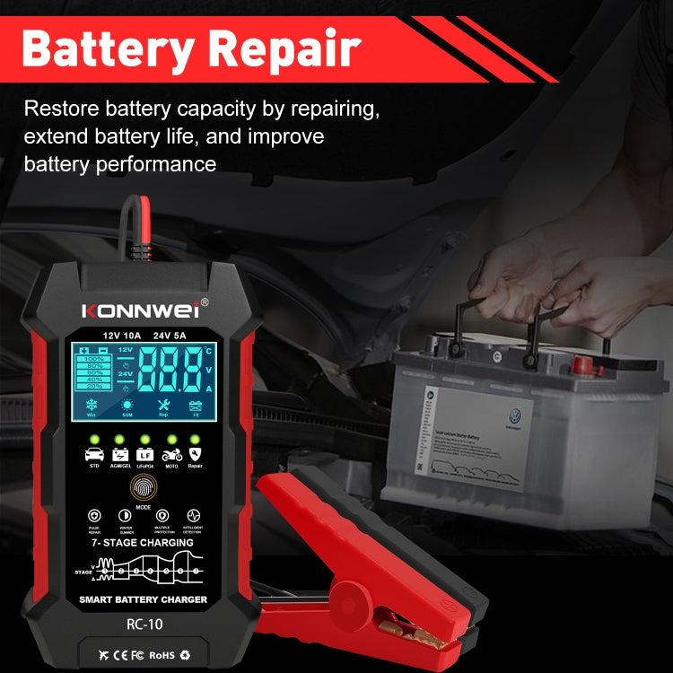 KONNWEI RC-10 2 inch Car Battery Charger Battery Pulse Repair Tool, Plug Type:US Plug
