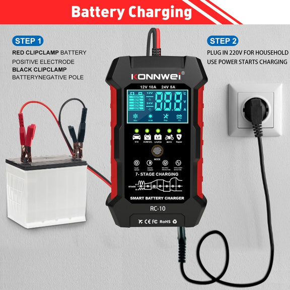 KONNWEI RC-10 2 inch Car Battery Charger Battery Pulse Repair Tool, Plug Type:UK Plug