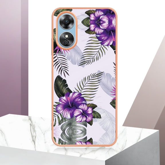 For OPPO A17 Electroplating IMD TPU Phone Case(Purple Flower)