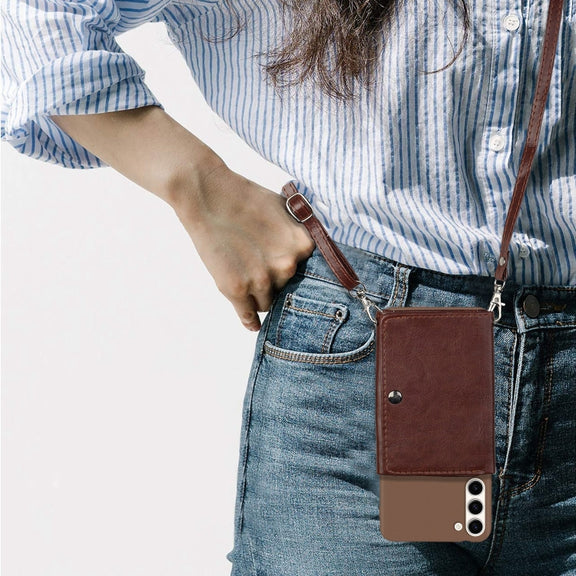 For Samsung Galaxy S23 5G Crossbody Lanyard Wallet Card Bag Phone Case(Brown)