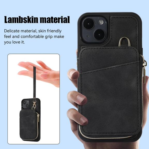 For iPhone 14 Zipper Card Bag Back Cover Phone Case(Black)
