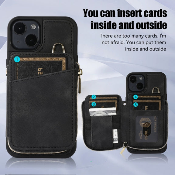 For iPhone 14 Zipper Card Bag Back Cover Phone Case(Black)
