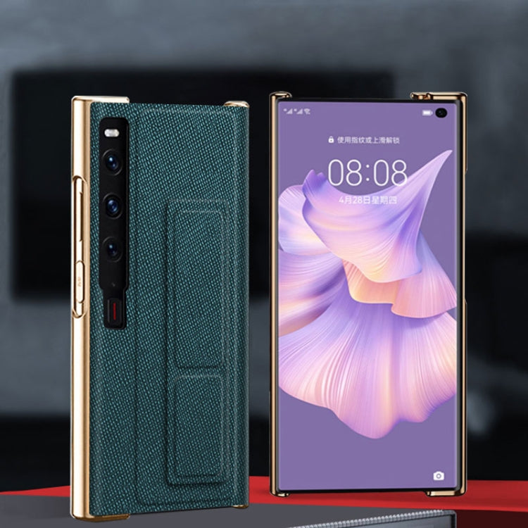 For Huawei Mate Xs 2 Electroplated Cross Pattern Leather All-inclusive Phone Case with Stand(Night Green Gold)