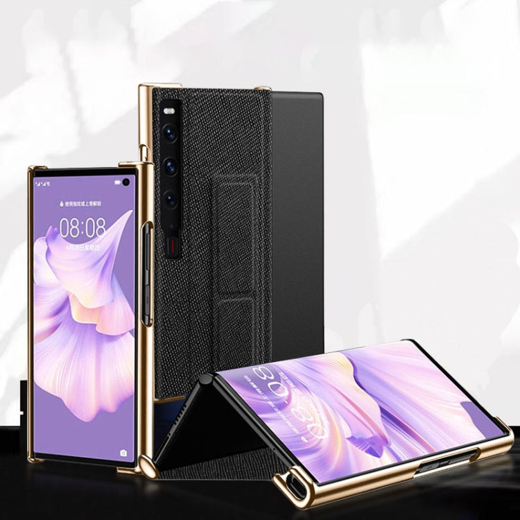 For Huawei Mate Xs 2 Electroplated Cross Pattern Leather All-inclusive Phone Case with Stand(Black)