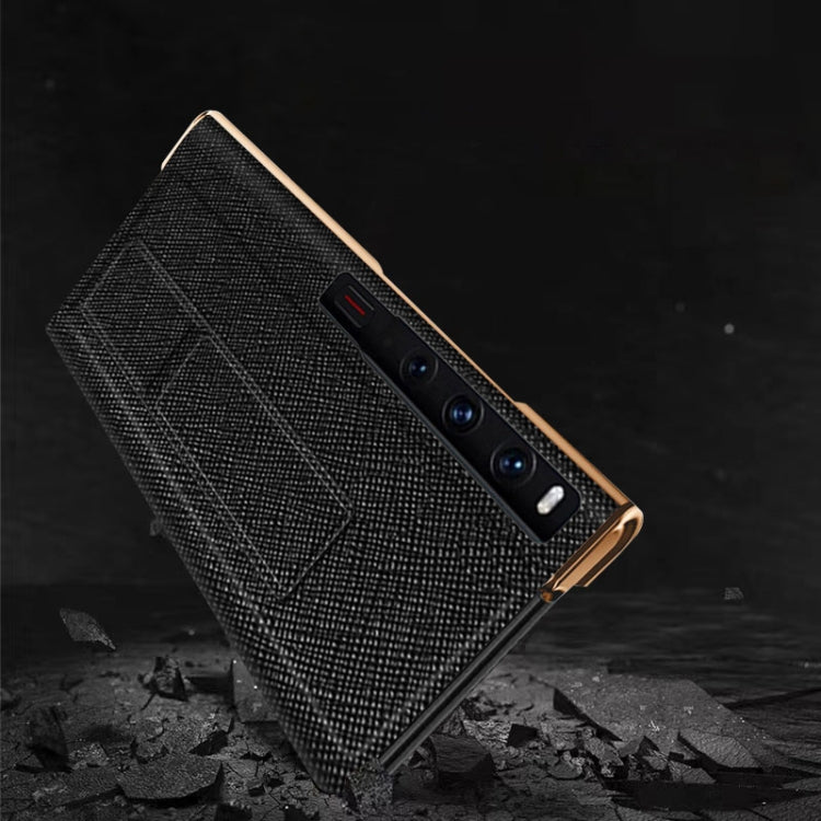 For Huawei Mate Xs 2 Electroplated Cross Pattern Leather All-inclusive Phone Case with Stand(Black Gold)