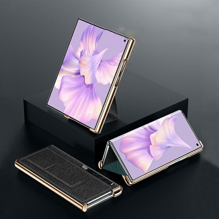 For Huawei Mate Xs 2 Electroplated Cross Pattern Leather All-inclusive Phone Case with Stand(Black Gold)