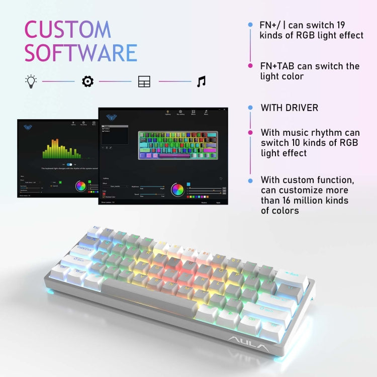AULA F3261 Type-C Wired Hot Swappable 61 Keys RGB Mechanical Keyboard(Grey Black Green Shaft)