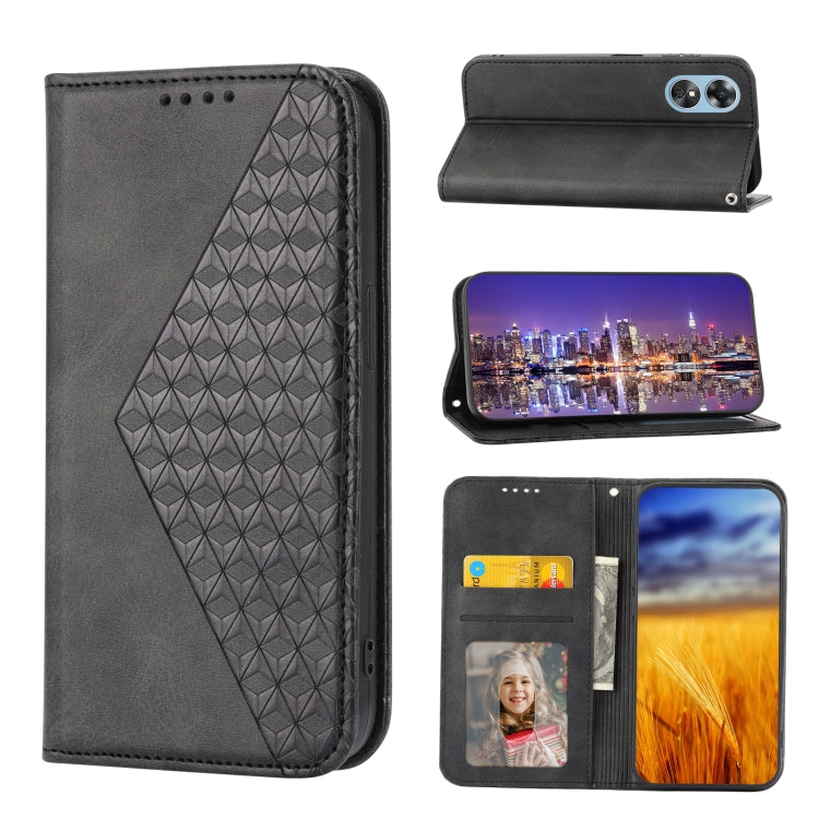 For OPPO Reno8 T 4G Global Cubic Grid Calf Texture Magnetic Leather Phone Case(Black)