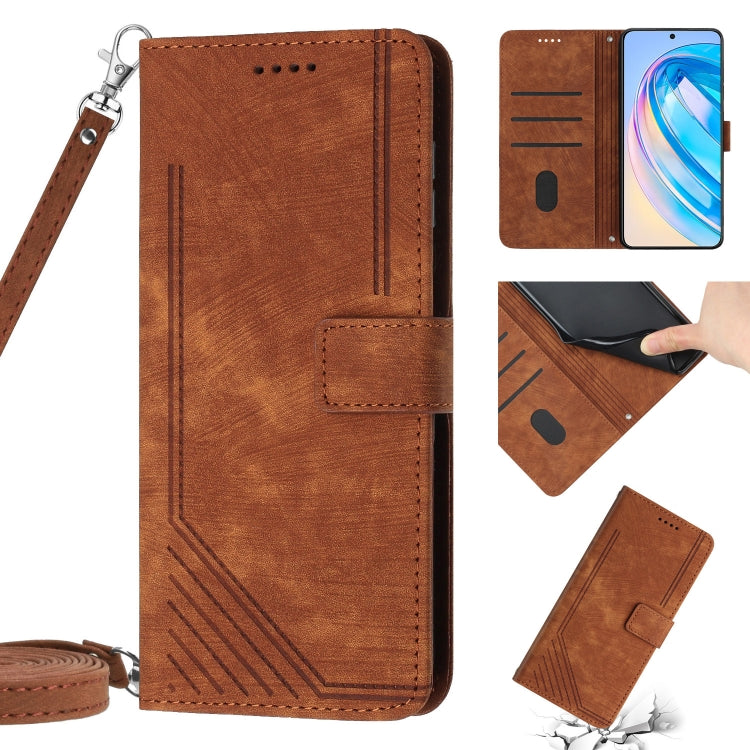 For Honor X7 4G / Play 30 Plus Skin Feel Stripe Pattern Leather Phone Case with Lanyard(Brown)