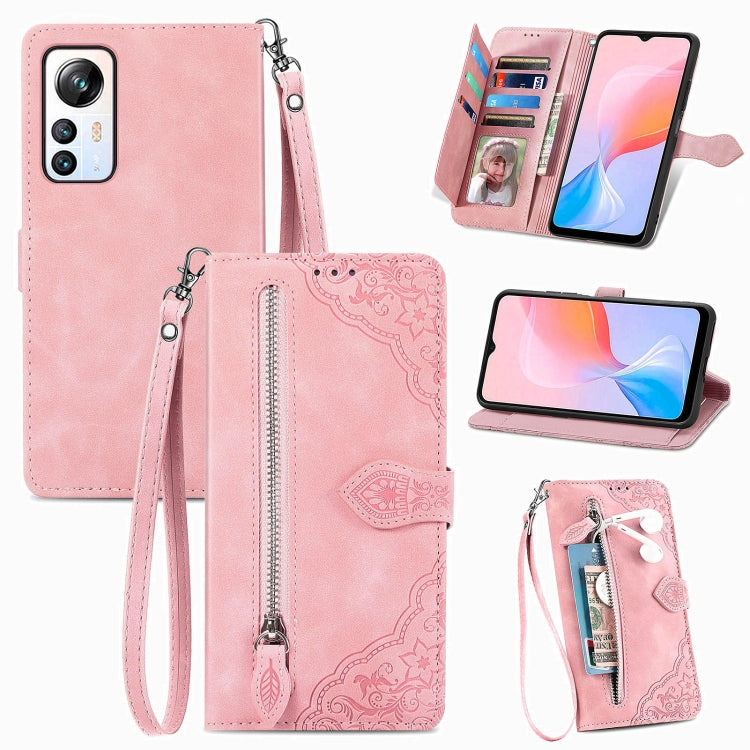 For Blackview A85 Embossed Flower Zipper Leather Phone Case(Pink)