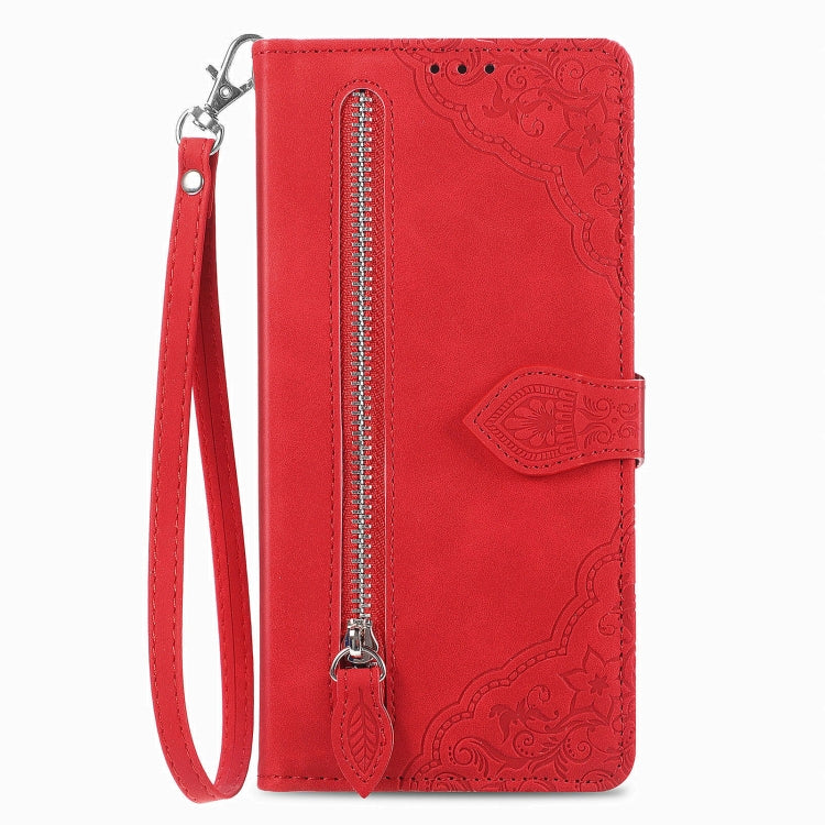 For Blackview A85 Embossed Flower Zipper Leather Phone Case(Red)