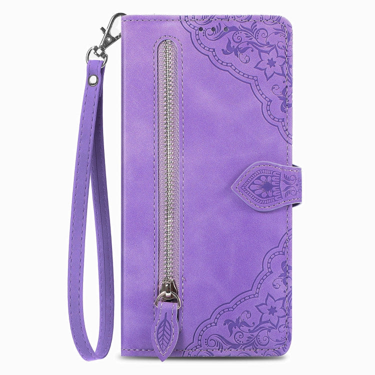 For Blackview A85 Embossed Flower Zipper Leather Phone Case(Purple)