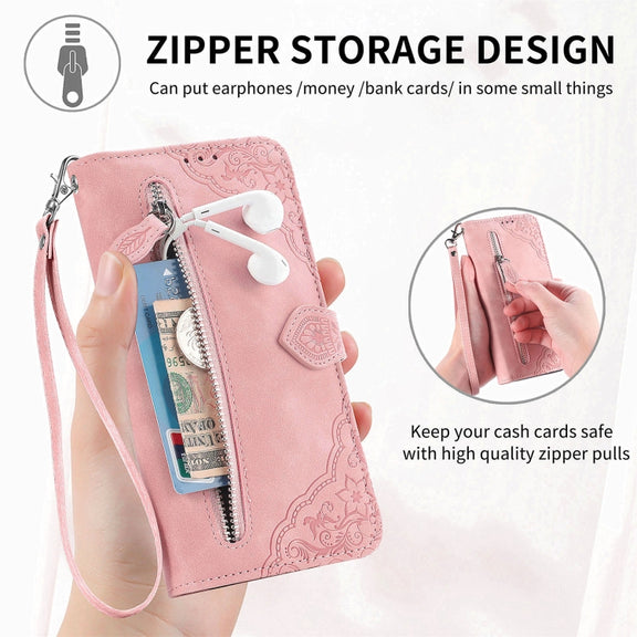For Blackview A85 Embossed Flower Zipper Leather Phone Case(Pink)