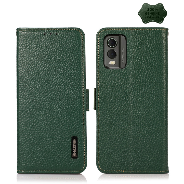 For Nokia C32 KHAZNEH Side-Magnetic Litchi Genuine Leather RFID Phone Case(Green)