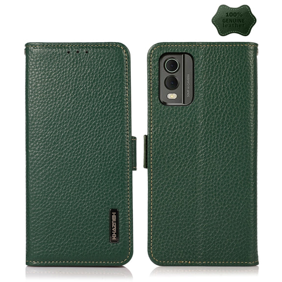For Nokia C32 KHAZNEH Side-Magnetic Litchi Genuine Leather RFID Phone Case(Green)