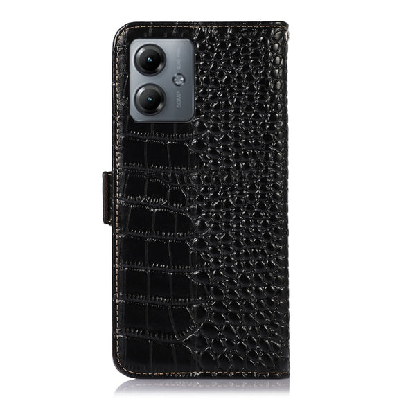 For Motorola Moto G14 4G Crocodile Top Layer Cowhide Leather Phone Case(Black)