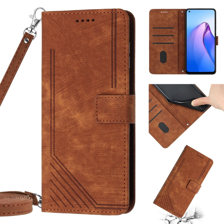 For OPPO Reno7 5G Global / Find X5 Lite Skin Feel Stripe Pattern Leather Phone Case with Lanyard(Brown)