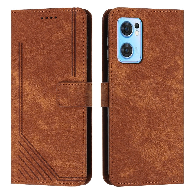 For OPPO Reno7 5G Global / Find X5 Lite Skin Feel Stripe Pattern Leather Phone Case with Lanyard(Brown)