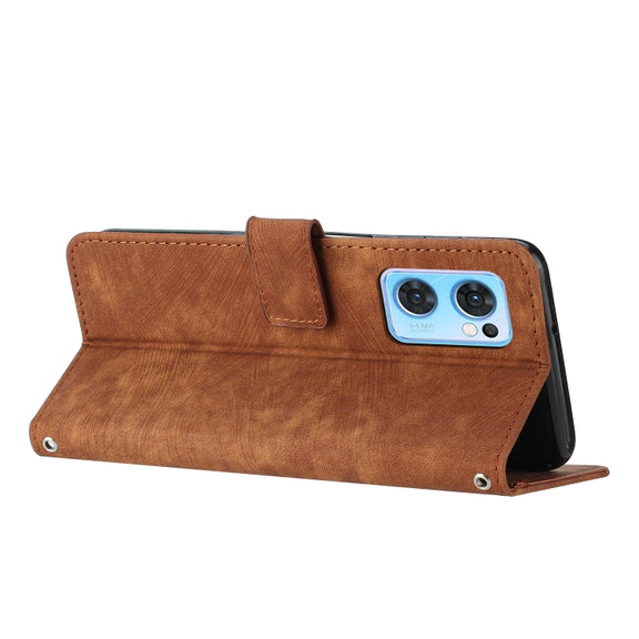 For OPPO Reno7 5G Global / Find X5 Lite Skin Feel Stripe Pattern Leather Phone Case with Lanyard(Brown)