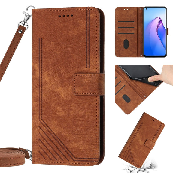 For OPPO Reno7 5G Global / Find X5 Lite Skin Feel Stripe Pattern Leather Phone Case with Lanyard(Brown)