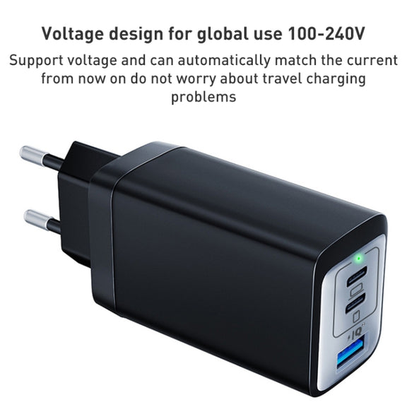 65W Dual PD USB-C / Type-C + USB 3-Port Gan Fast Charging Charger, Plug:EU Plug(Black)