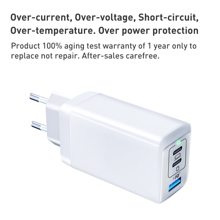 65W Dual PD USB-C / Type-C + USB 3-Port Gan Fast Charging Charger, Plug:EU Plug(Black)