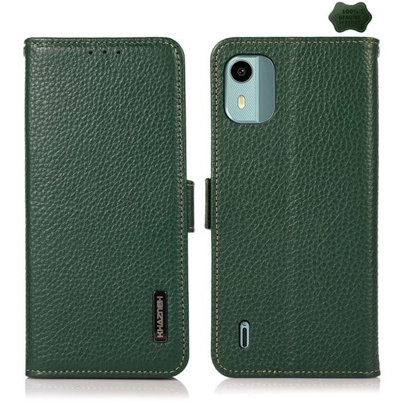 For Nokia C12 4G KHAZNEH Side-Magnetic Litchi Genuine Leather RFID Phone Case(Green)
