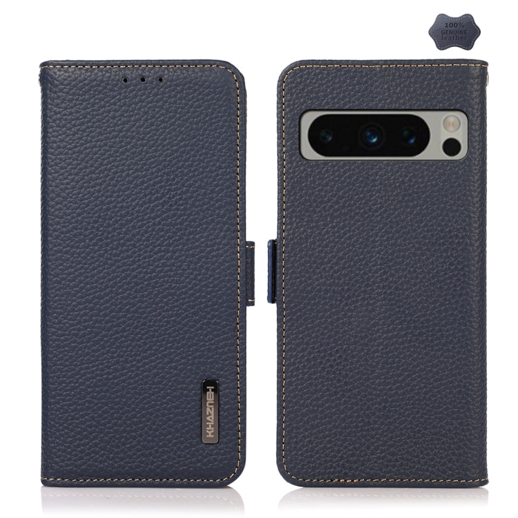 For Google Pixel 8 Pro KHAZNEH Side-Magnetic Litchi Genuine Leather RFID Phone Case(Blue)
