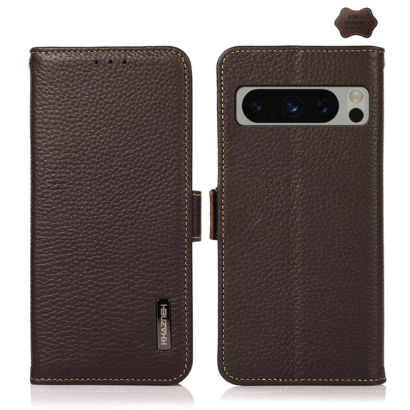 For Google Pixel 8 Pro KHAZNEH Side-Magnetic Litchi Genuine Leather RFID Phone Case(Brown)