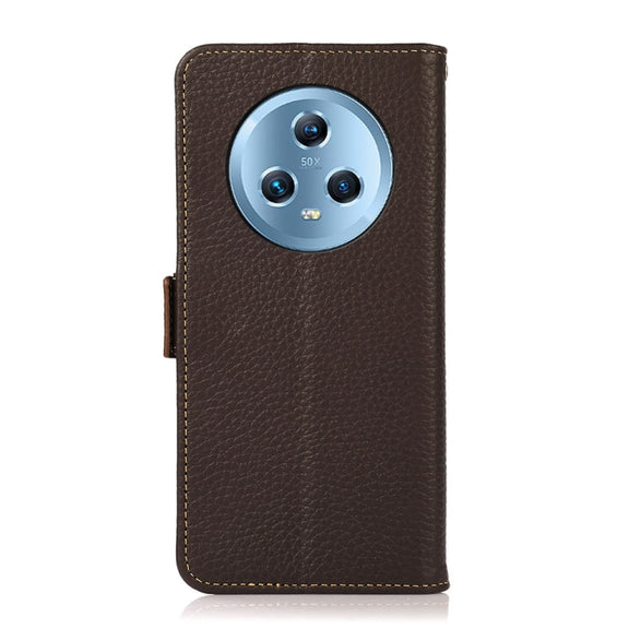 For Honor Magic5 KHAZNEH Side-Magnetic Litchi Genuine Leather RFID Phone Case(Brown)