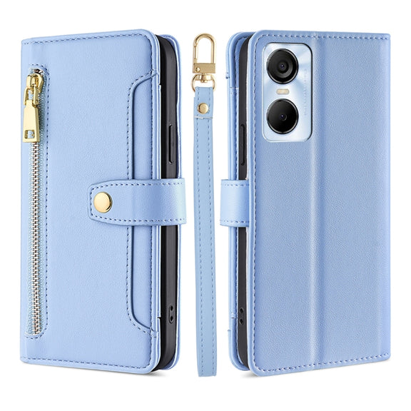 For Tecno Pop 6 Pro Sheep Texture Cross-body Zipper Wallet Leather Phone Case(Blue)
