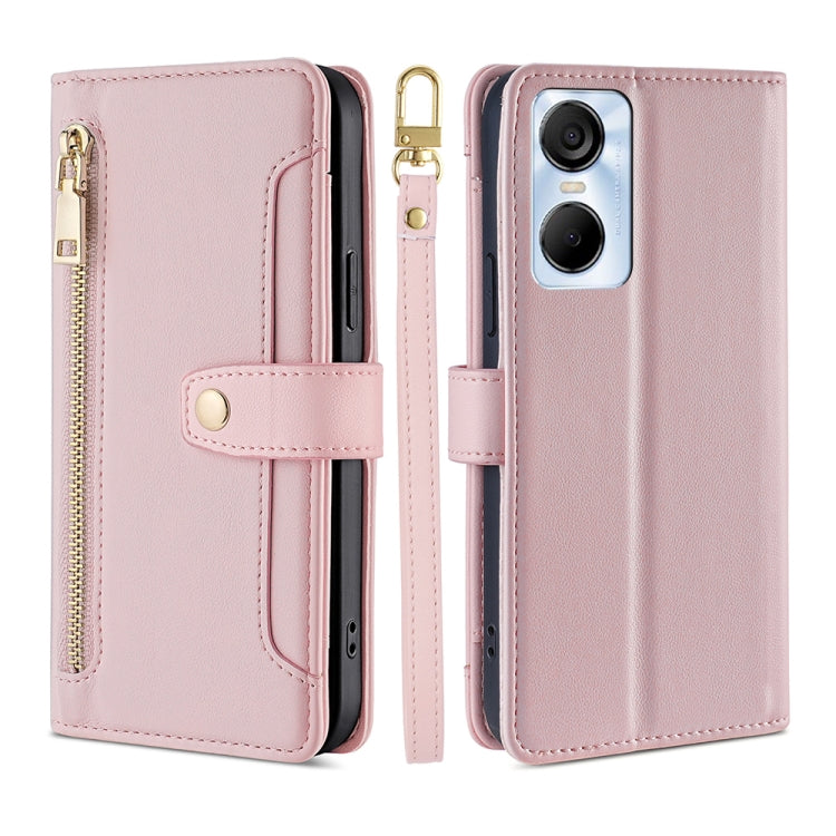 For Tecno Pop 6 Pro Sheep Texture Cross-body Zipper Wallet Leather Phone Case(Pink)