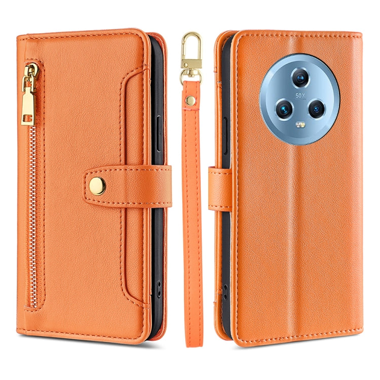 For Honor Magic5 Sheep Texture Cross-body Zipper Wallet Leather Phone Case(Orange)