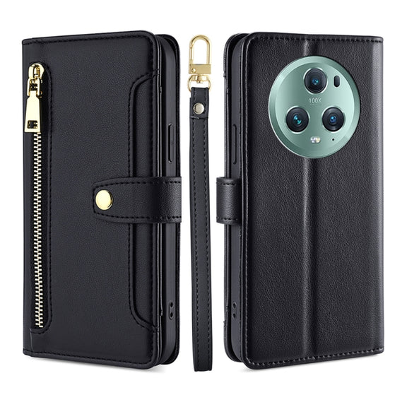 For Honor Magic5 Pro Sheep Texture Cross-body Zipper Wallet Leather Phone Case(Black)