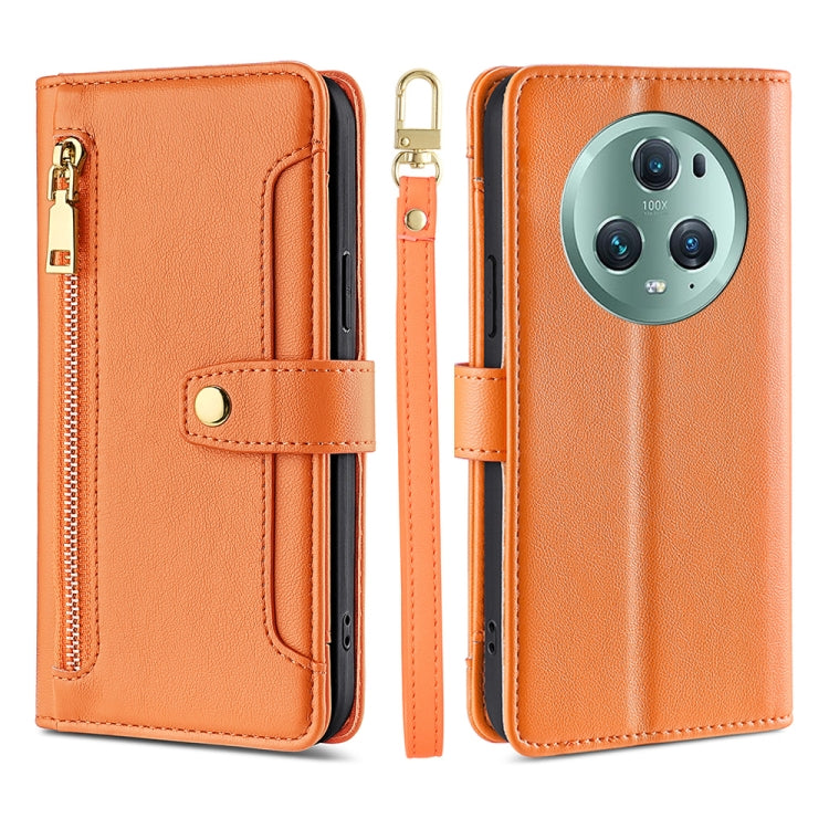 For Honor Magic5 Pro Sheep Texture Cross-body Zipper Wallet Leather Phone Case(Orange)