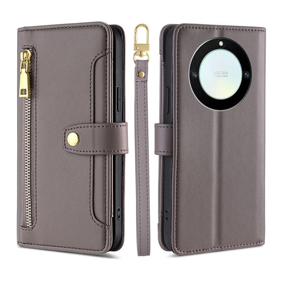 For Honor X40 Sheep Texture Cross-body Zipper Wallet Leather Phone Case(Grey)