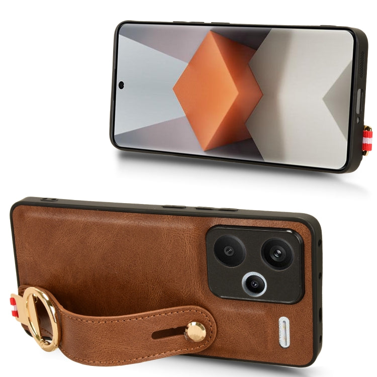 For Xiaomi Redmi Note 13 Pro+ Wristband Leather Back Phone Case(Brown)