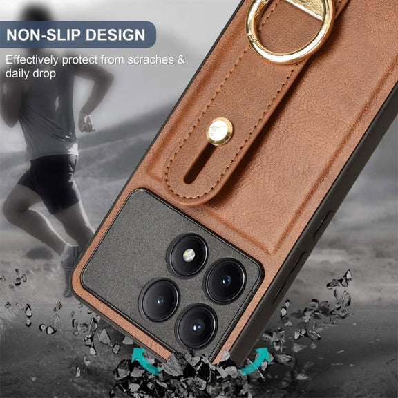 For Xiaomi Poco X6 Pro/Redmi K70E Wristband Leather Back Phone Case(Brown)
