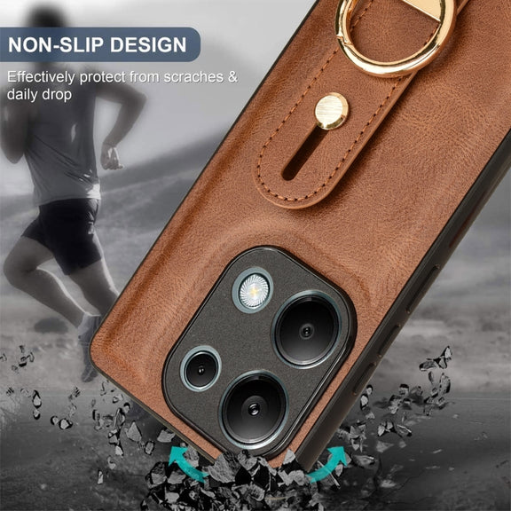 For Xiaomi Redmi Note 13 Pro 4G Wristband Leather Back Phone Case(Brown)