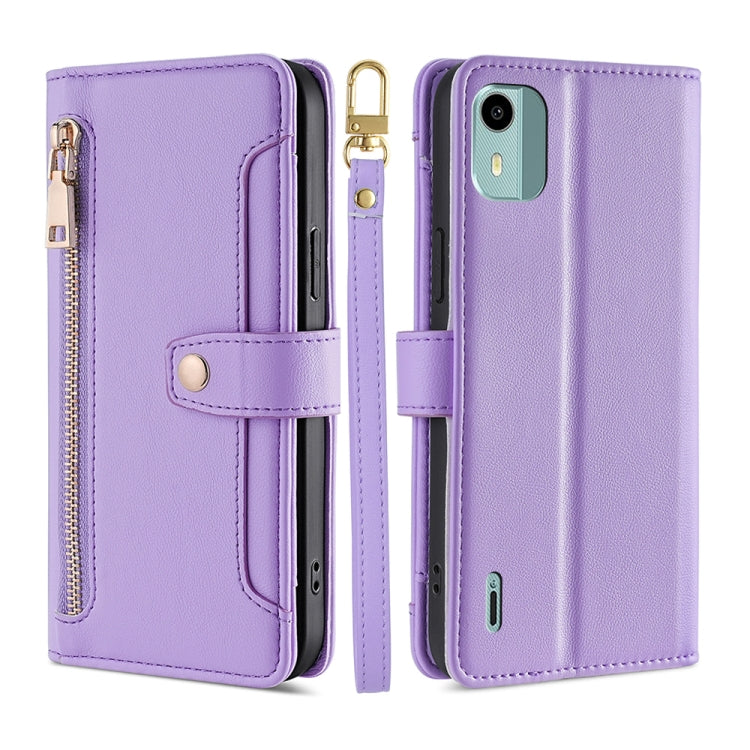For Nokia C12 Sheep Texture Cross-body Zipper Wallet Leather Phone Case(Purple)
