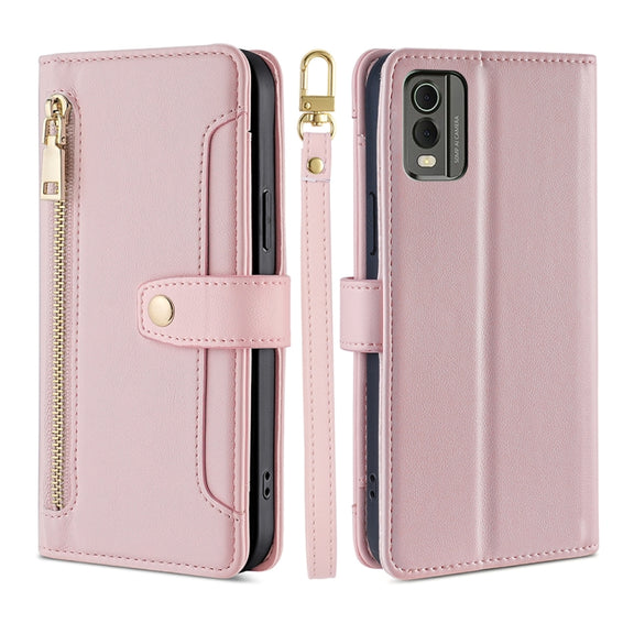 For Nokia C32 Sheep Texture Cross-body Zipper Wallet Leather Phone Case(Pink)