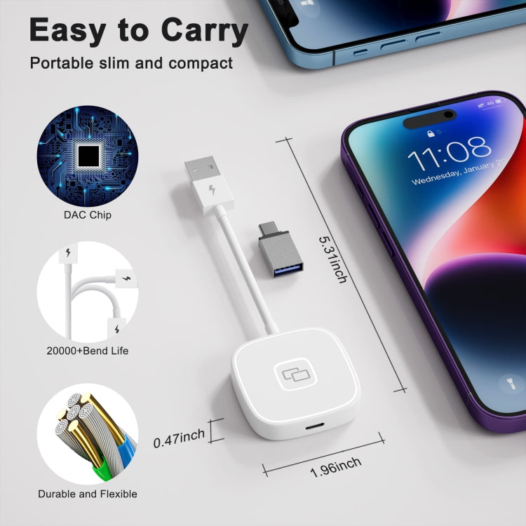 THT-020-7 USB + USB-C / Type-C Carplay Mirror Adapter for iPhone(White)