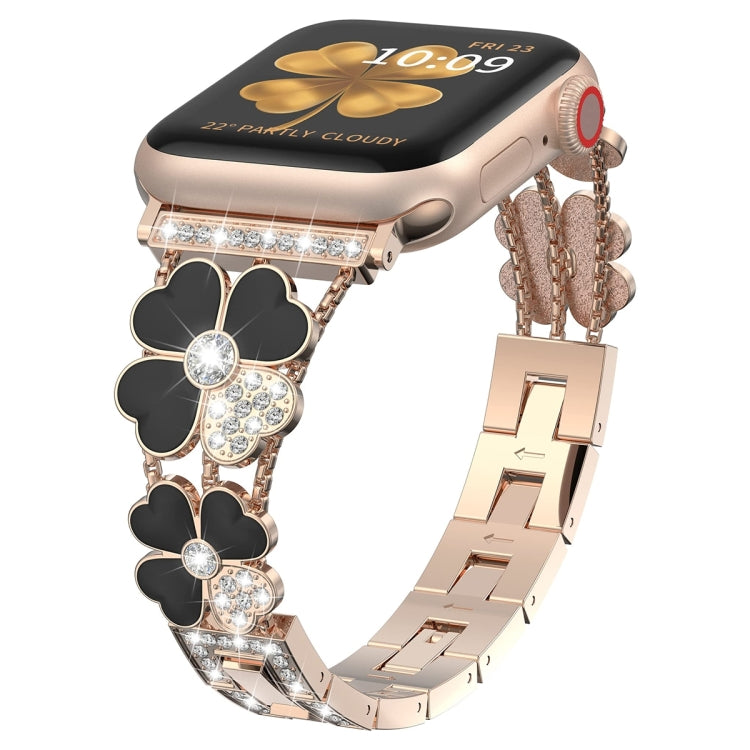 For Apple Watch 9 45mm Petal Metal Diamond Watch Band(Rose Gold+Black)